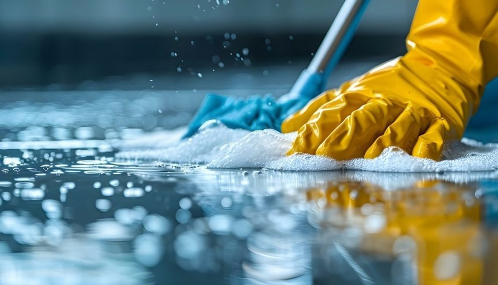 Reinigungskraft mit Handschuhen bei der intensiven Bodenreinigung
